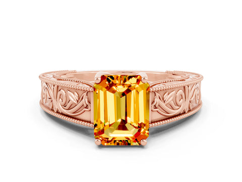 Rose gold Emerald Cut Citrine Solitaire Ring with Engraved Band and Four-Prong Setting