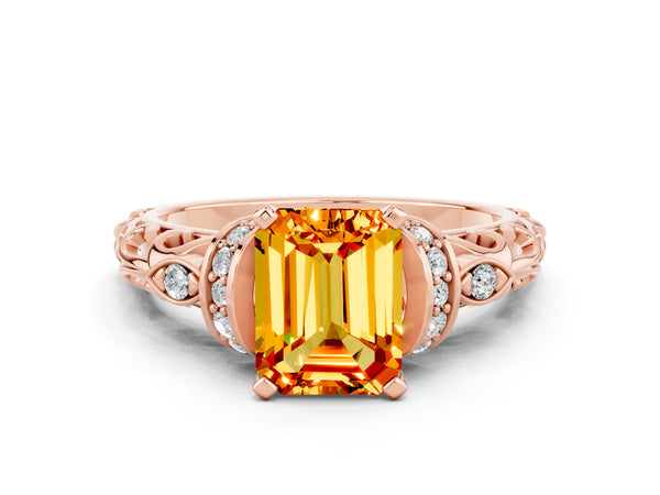 Rose gold Emerald Cut Citrine Solitaire Ring with Filigree Band and Four-Prong Setting