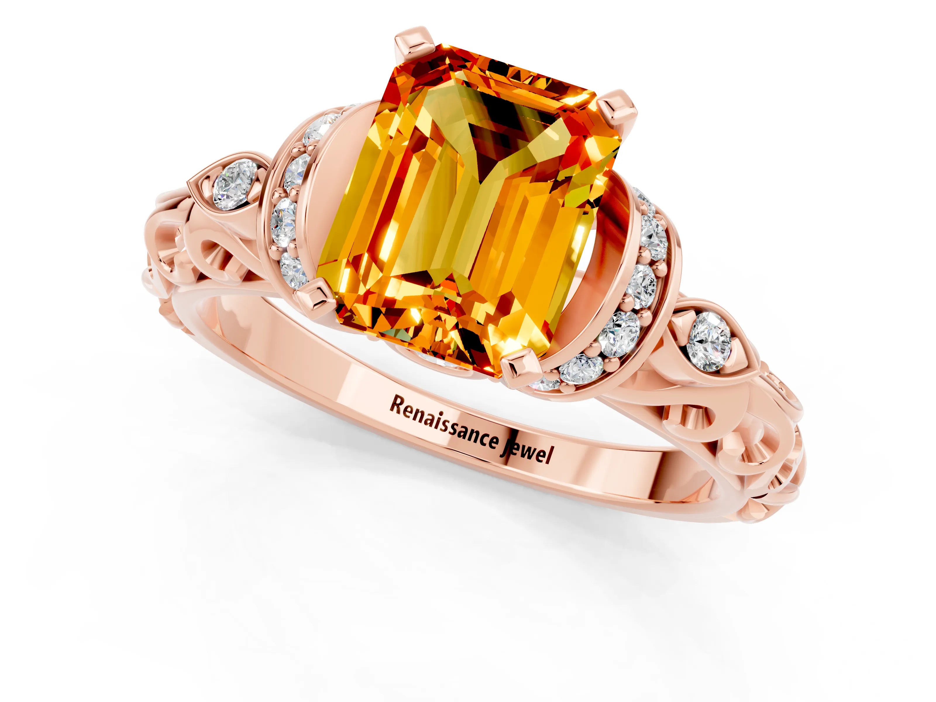 Rose gold Emerald Cut Citrine Solitaire Ring with Filigree Band and Four-Prong Setting_25
