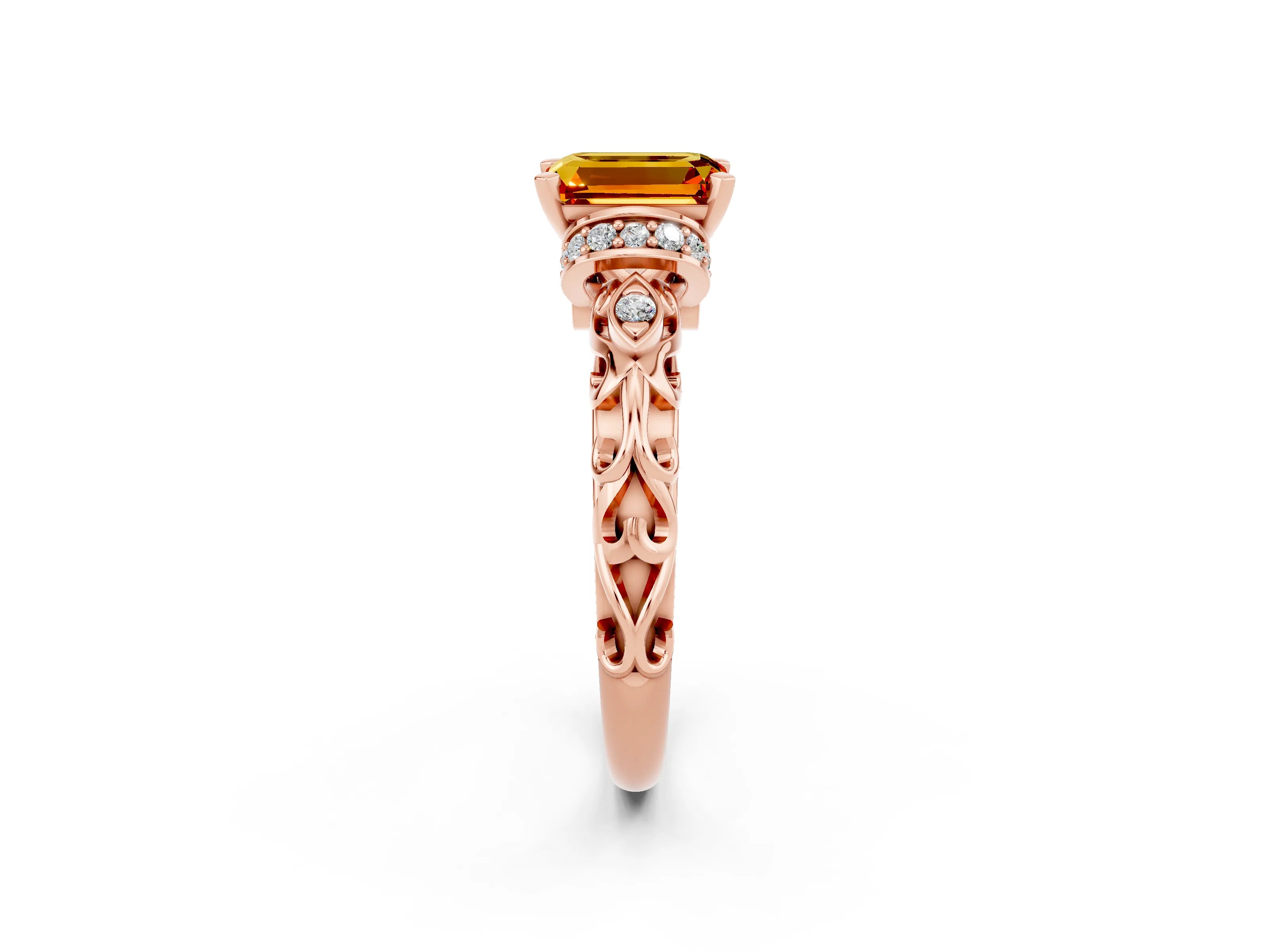 Rose gold Emerald Cut Citrine Solitaire Ring with Filigree Band and Four-Prong Setting_26