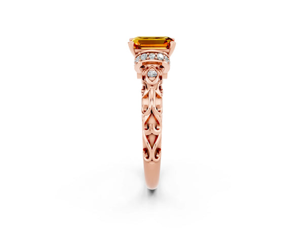 Rose gold Emerald Cut Citrine Solitaire Ring with Filigree Band and Four-Prong Setting