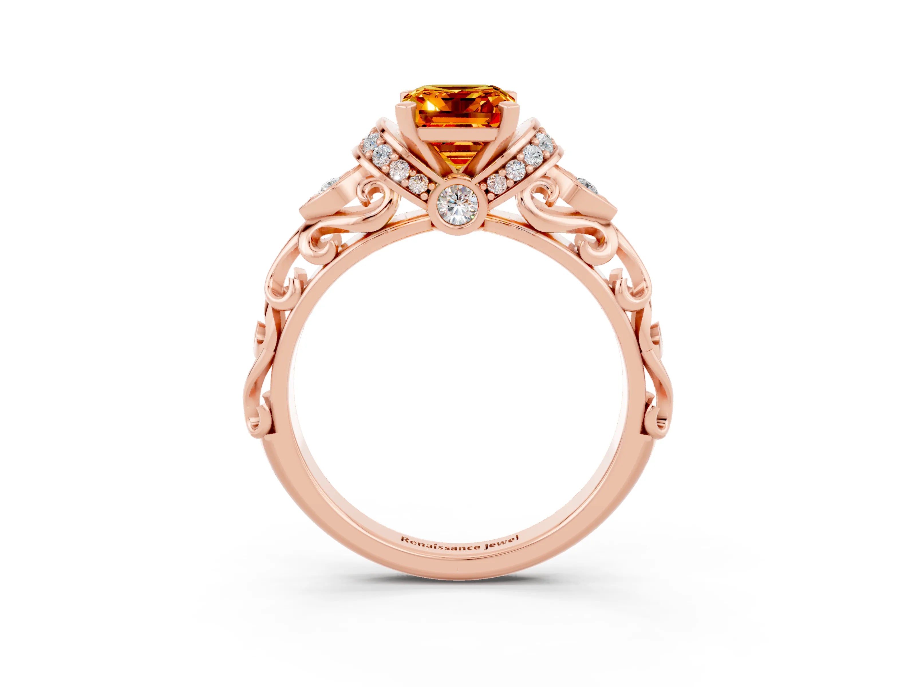 Rose gold Emerald Cut Citrine Solitaire Ring with Filigree Band and Four-Prong Setting_27
