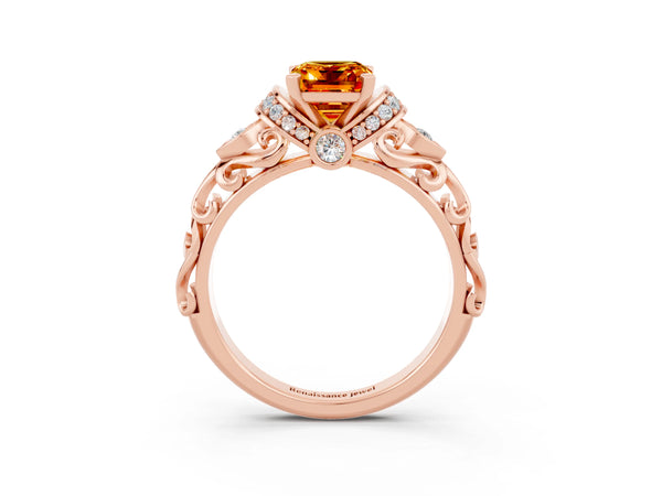 Rose gold Emerald Cut Citrine Solitaire Ring with Filigree Band and Four-Prong Setting