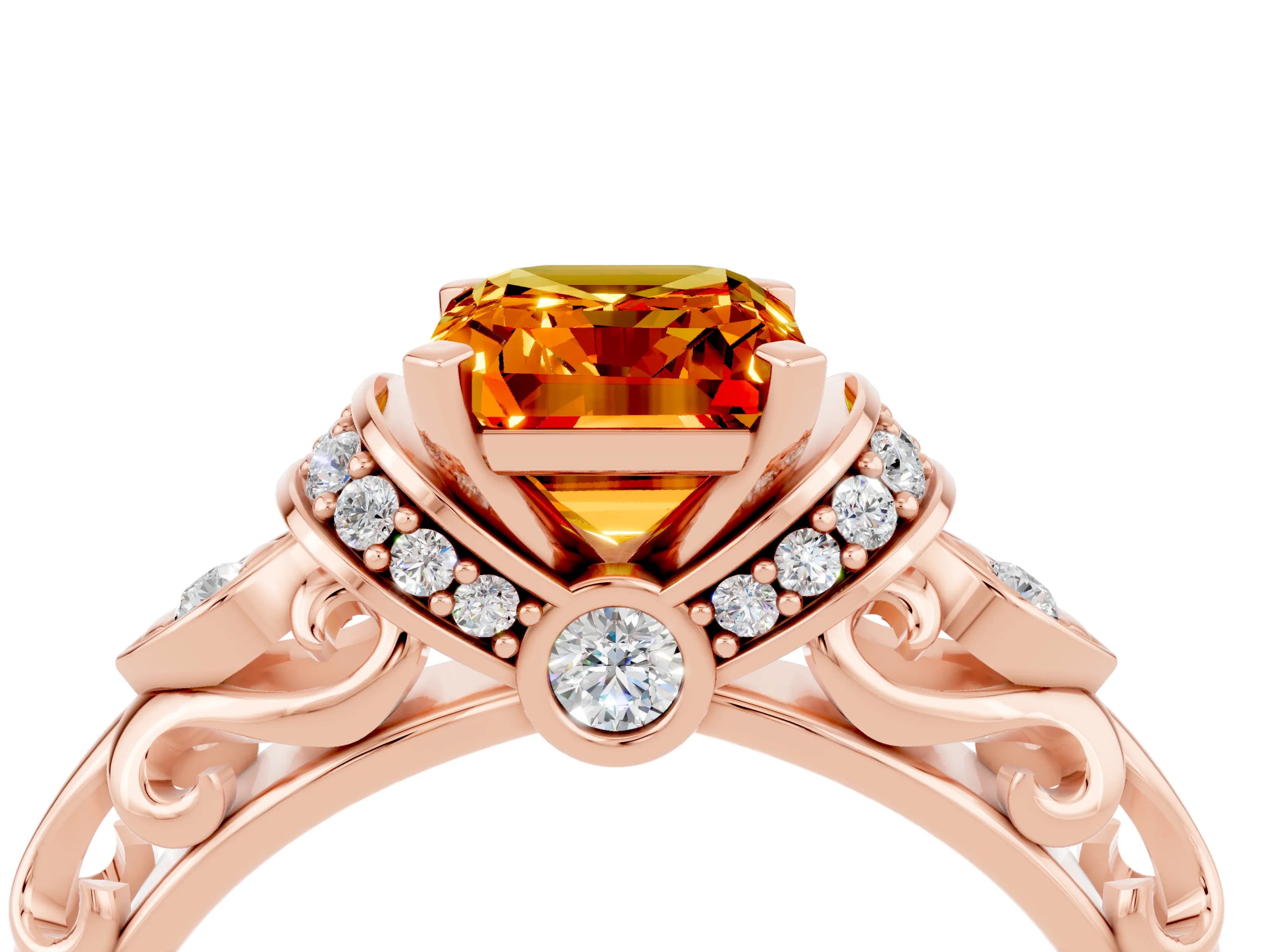 Rose gold Emerald Cut Citrine Solitaire Ring with Filigree Band and Four-Prong Setting_28