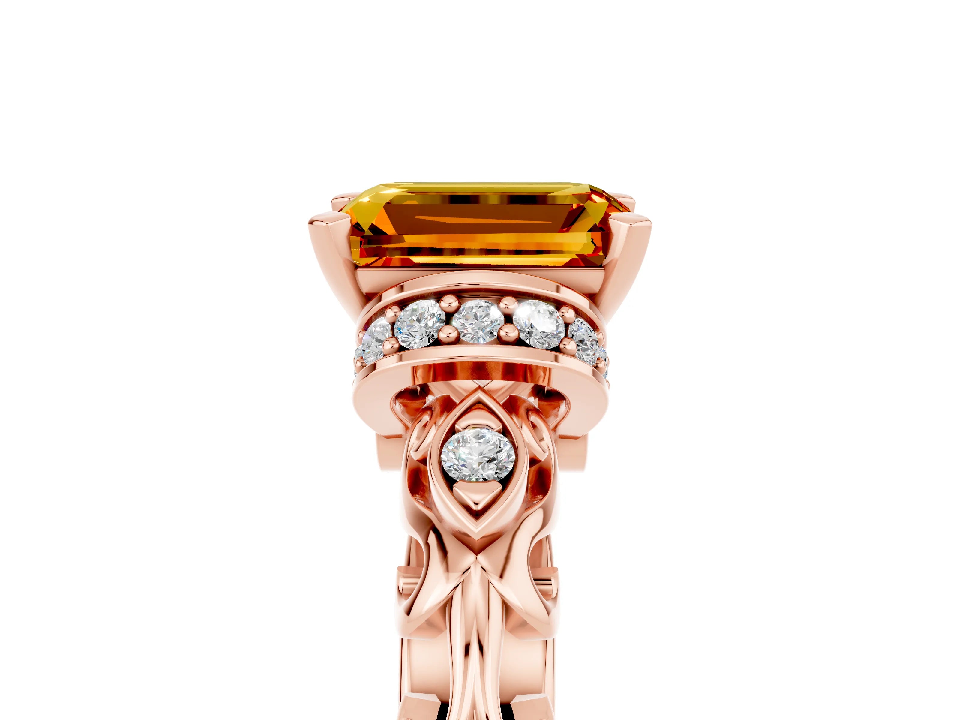 Rose gold Emerald Cut Citrine Solitaire Ring with Filigree Band and Four-Prong Setting_29