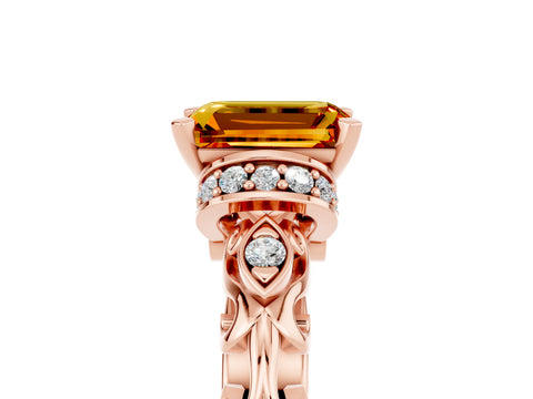 Rose gold Emerald Cut Citrine Solitaire Ring with Filigree Band and Four-Prong Setting_29