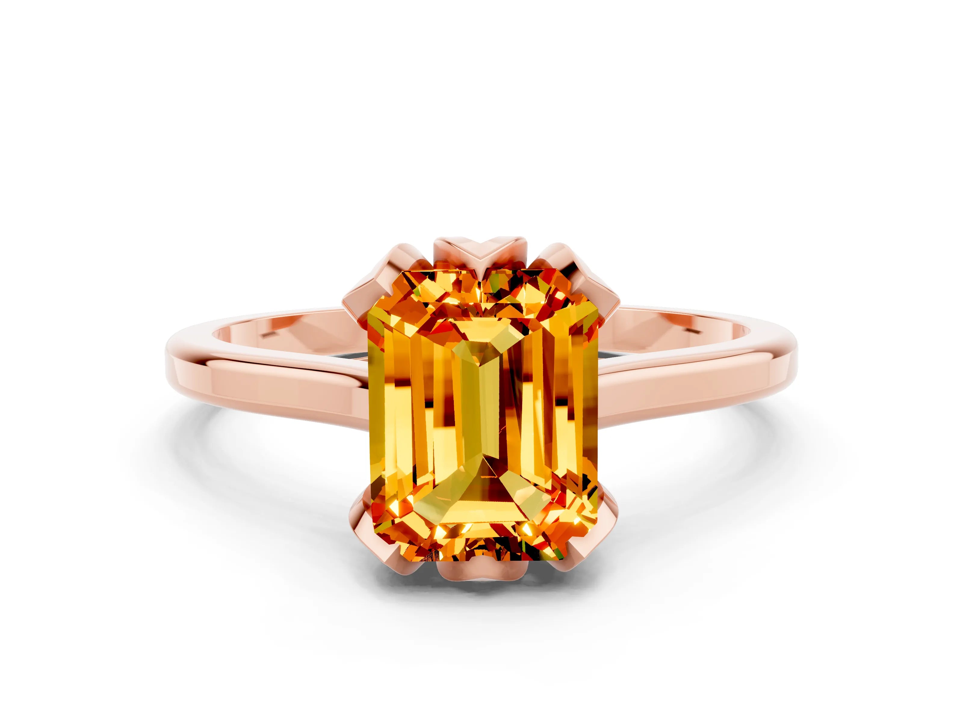 Rose gold Emerald Cut Citrine Solitaire Ring with Flower Prong Setting and Classic Band_12