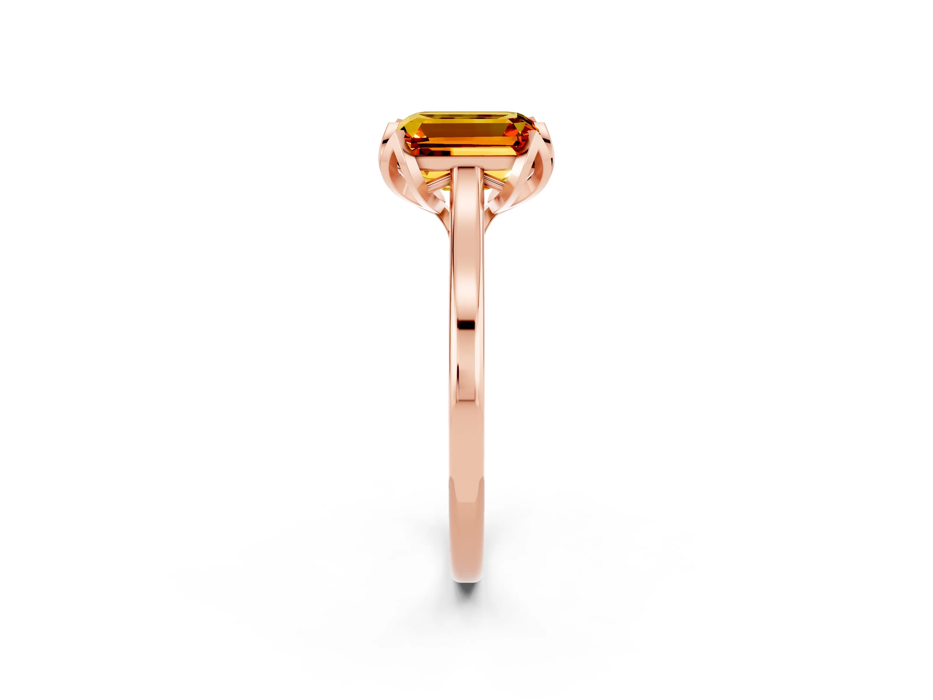 Rose gold Emerald Cut Citrine Solitaire Ring with Flower Prong Setting and Classic Band_14