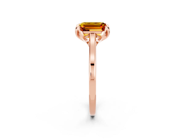 Rose gold Emerald Cut Citrine Solitaire Ring with Flower Prong Setting and Classic Band