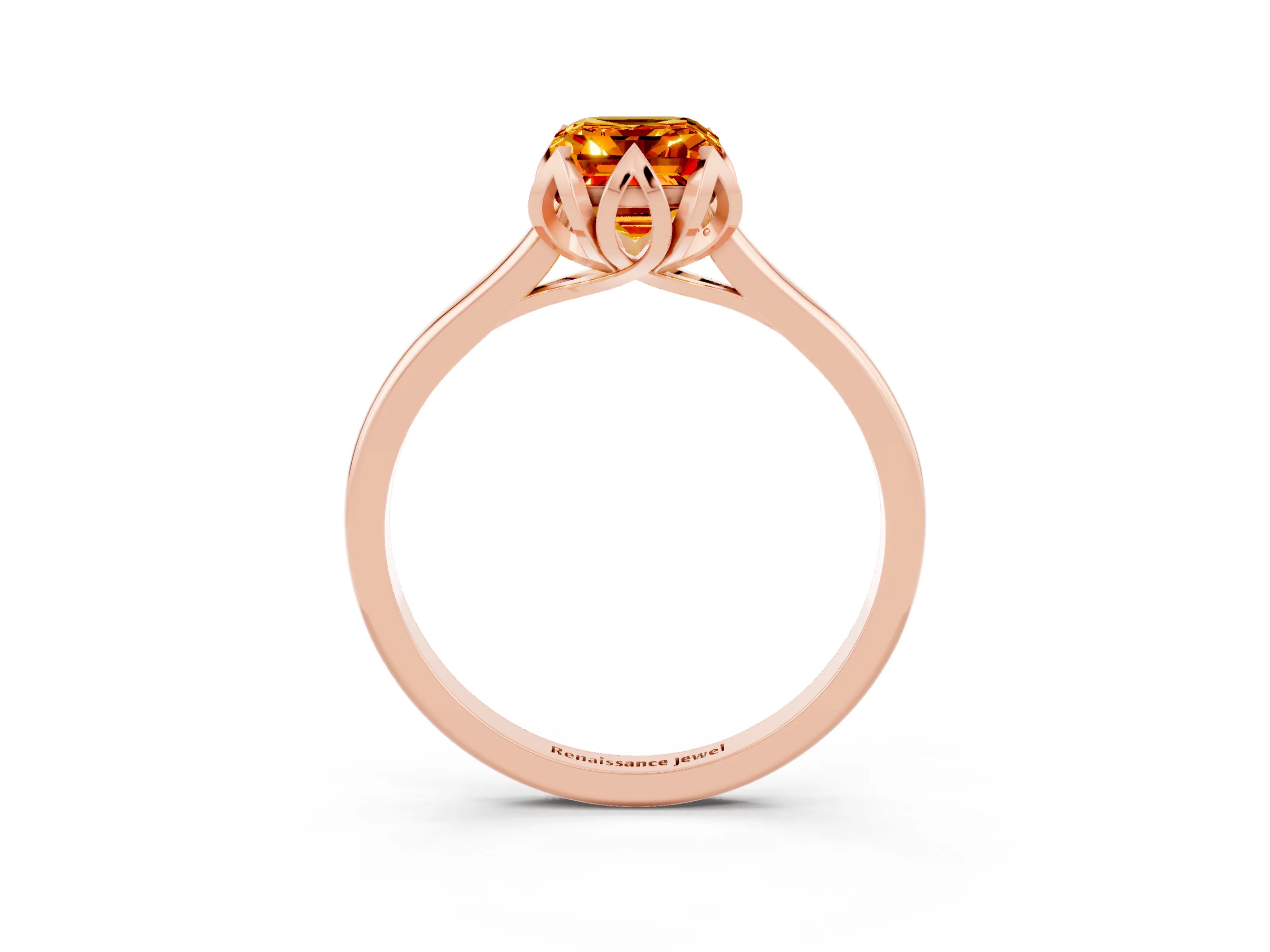 Rose gold Emerald Cut Citrine Solitaire Ring with Flower Prong Setting and Classic Band_15