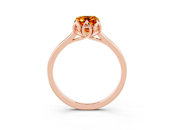 Rose gold Emerald Cut Citrine Solitaire Ring with Flower Prong Setting and Classic Band