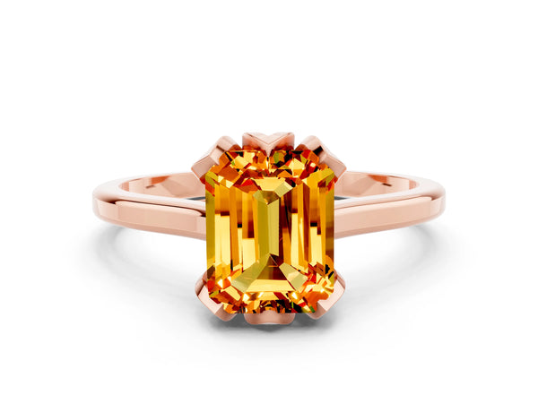 Rose gold Emerald Cut Citrine Solitaire Ring with Flower Prong Setting and Classic Band
