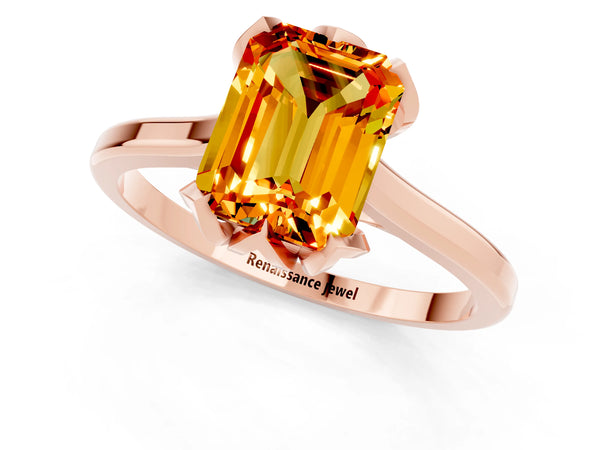 Rose gold Emerald Cut Citrine Solitaire Ring with Flower Prong Setting and Classic Band