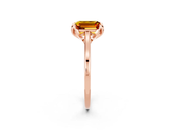 Rose gold Emerald Cut Citrine Solitaire Ring with Flower Prong Setting and Classic Band