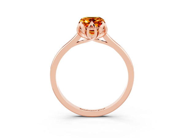 Rose gold Emerald Cut Citrine Solitaire Ring with Flower Prong Setting and Classic Band