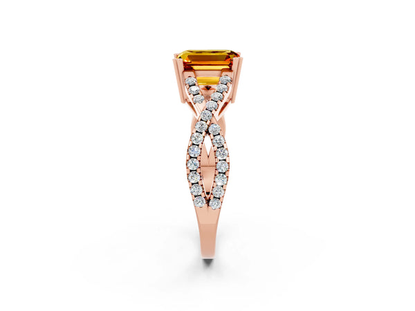 Rose gold Emerald Cut Citrine Solitaire Ring with Four-Prong Setting and Twisted Pavé Band