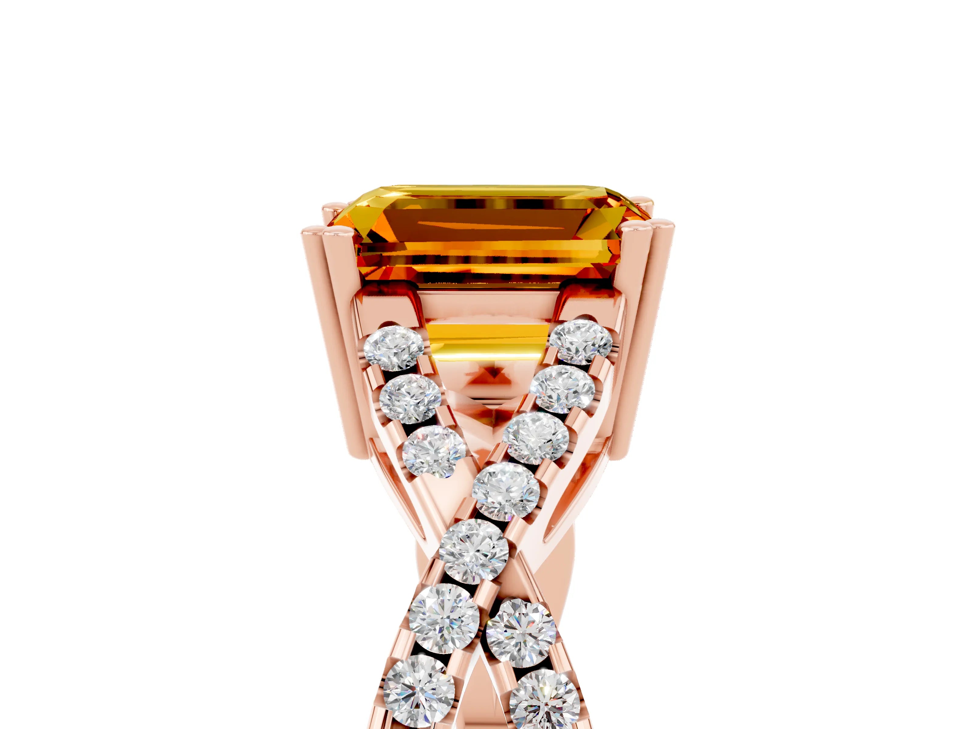Rose gold Emerald Cut Citrine Solitaire Ring with Four-Prong Setting and Twisted Pavé Band_5