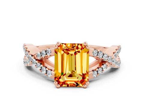 Rose gold Emerald Cut Citrine Solitaire Ring with Four-Prong Setting and Twisted Pavé Band