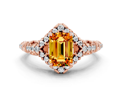 Rose gold Emerald Cut Citrine Solitaire Ring with Hidden Halo and Pavé Band_12