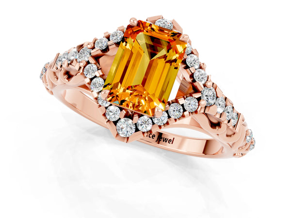 Rose gold Emerald Cut Citrine Solitaire Ring with Hidden Halo and Pavé Band