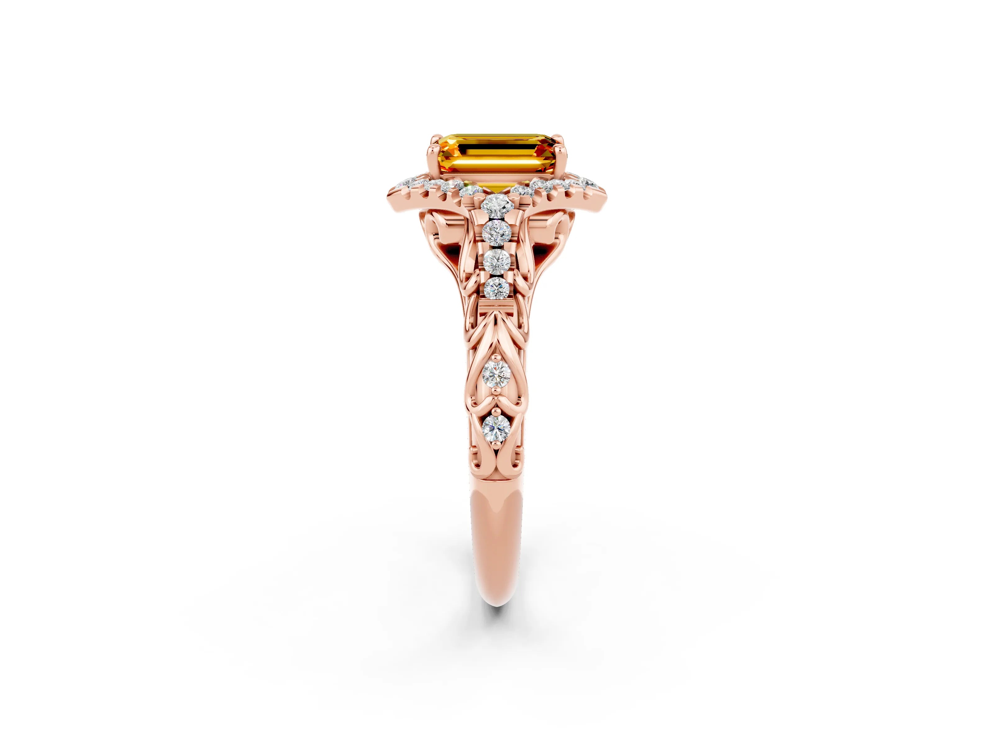Rose gold Emerald Cut Citrine Solitaire Ring with Hidden Halo and Pavé Band_14
