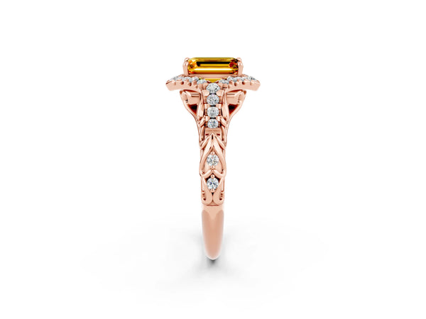 Rose gold Emerald Cut Citrine Solitaire Ring with Hidden Halo and Pavé Band