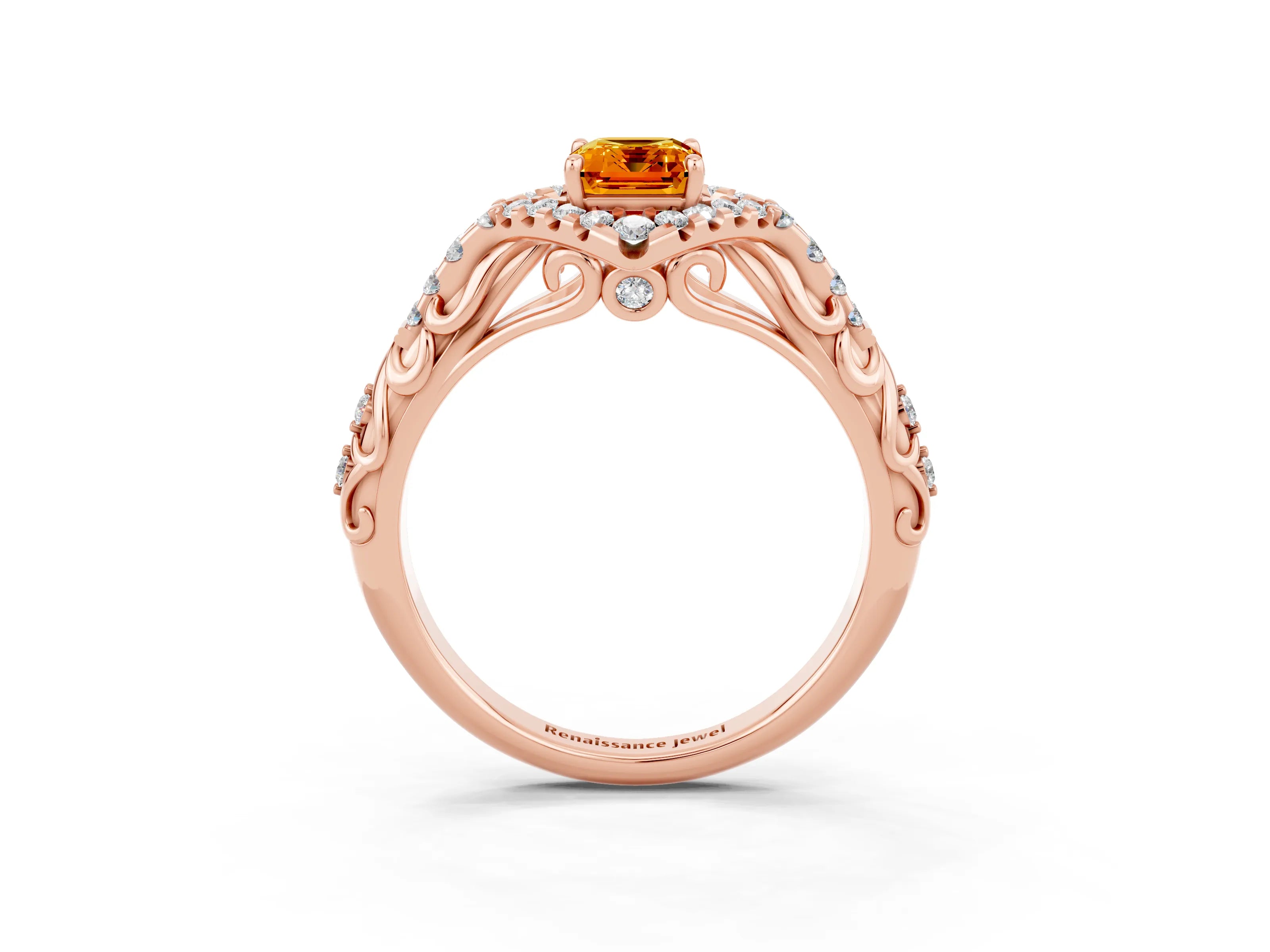 Rose gold Emerald Cut Citrine Solitaire Ring with Hidden Halo and Pavé Band_15