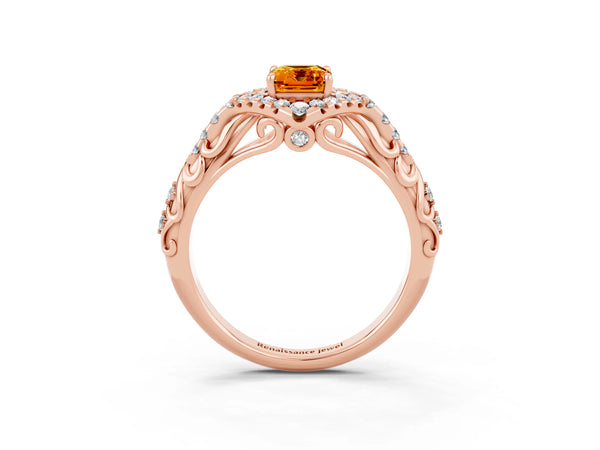 Rose gold Emerald Cut Citrine Solitaire Ring with Hidden Halo and Pavé Band