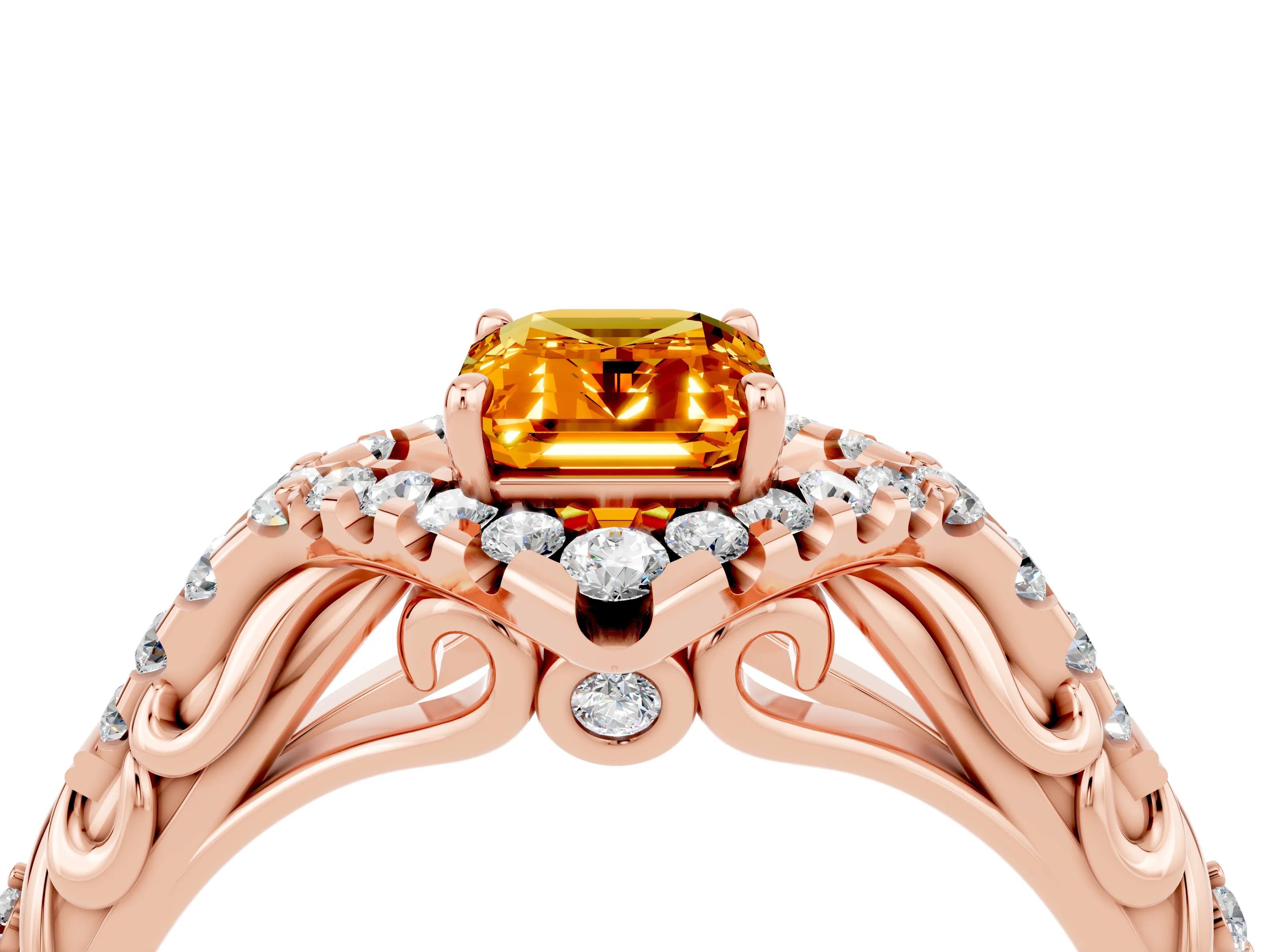 Rose gold Emerald Cut Citrine Solitaire Ring with Hidden Halo and Pavé Band_16