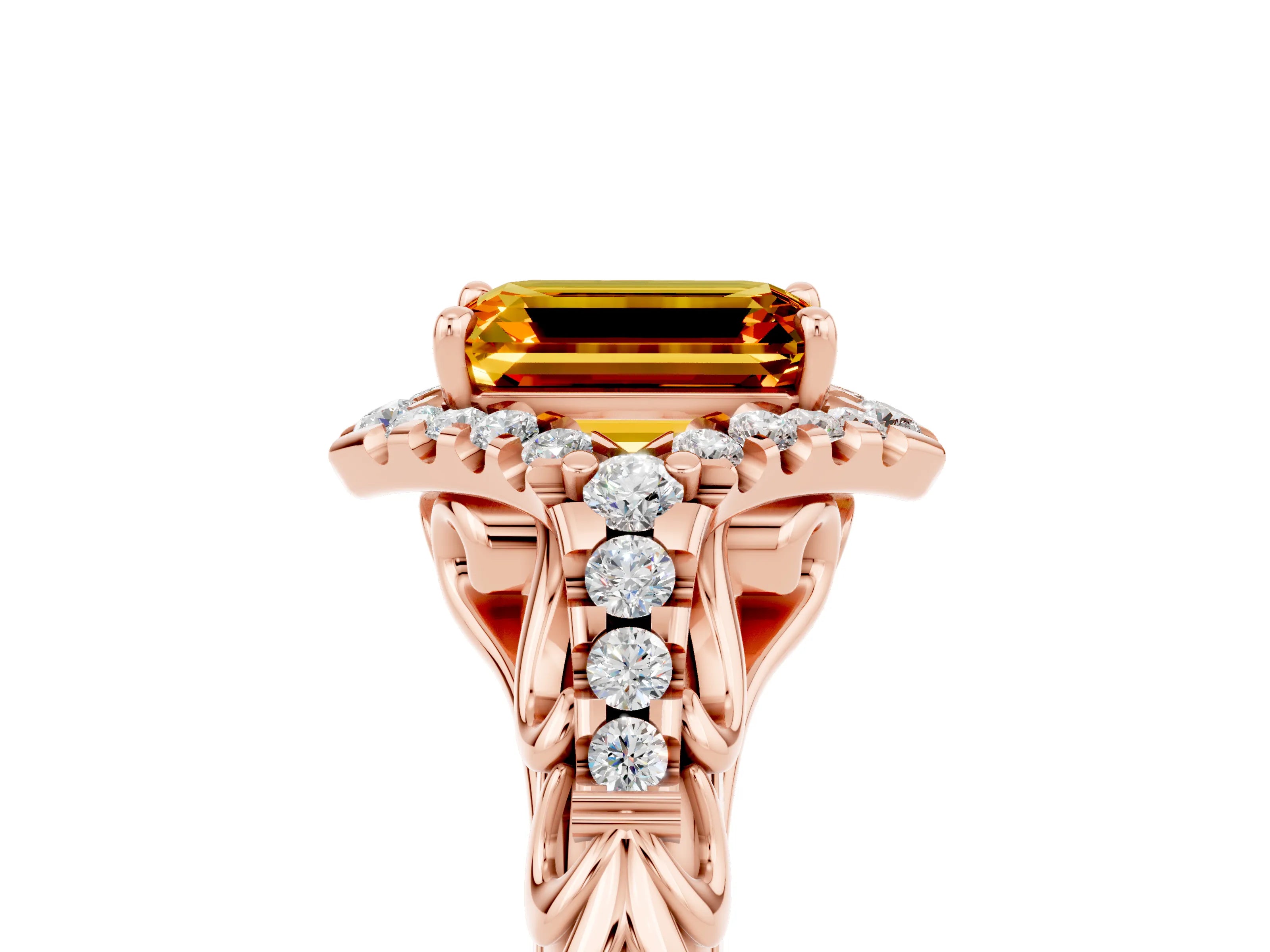 Rose gold Emerald Cut Citrine Solitaire Ring with Hidden Halo and Pavé Band_17