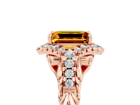 Rose gold Emerald Cut Citrine Solitaire Ring with Hidden Halo and Pavé Band_17
