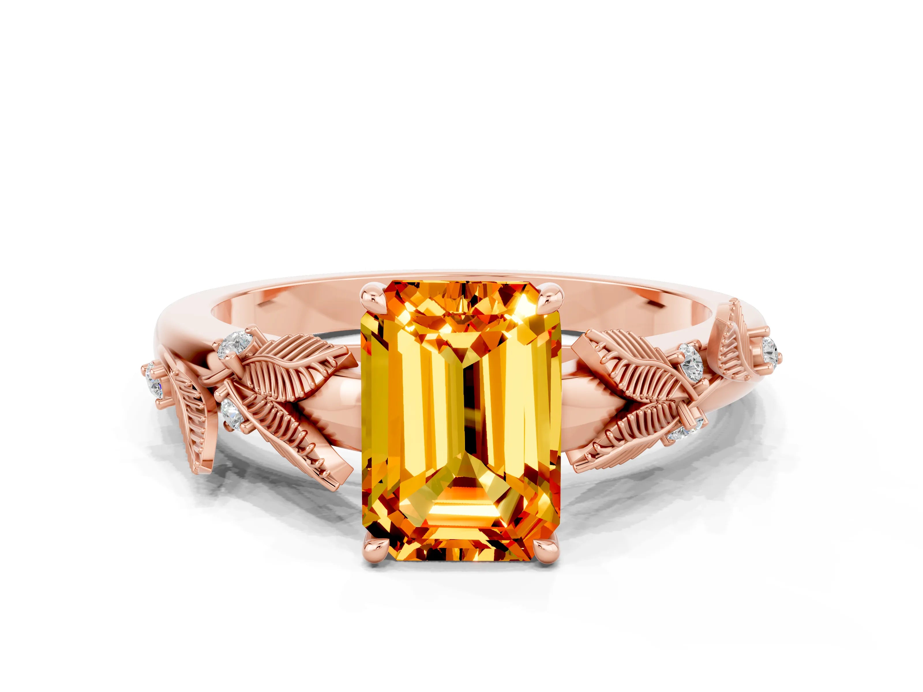 Rose gold Emerald Cut Citrine Solitaire Ring with Leaf Motif Band and Four-Prong Setting