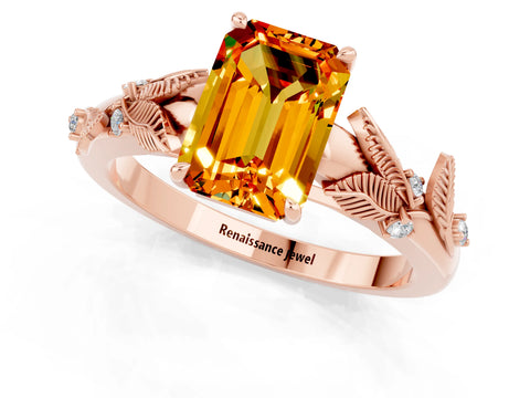 Rose gold Emerald Cut Citrine Solitaire Ring with Leaf Motif Band and Four-Prong Setting_1