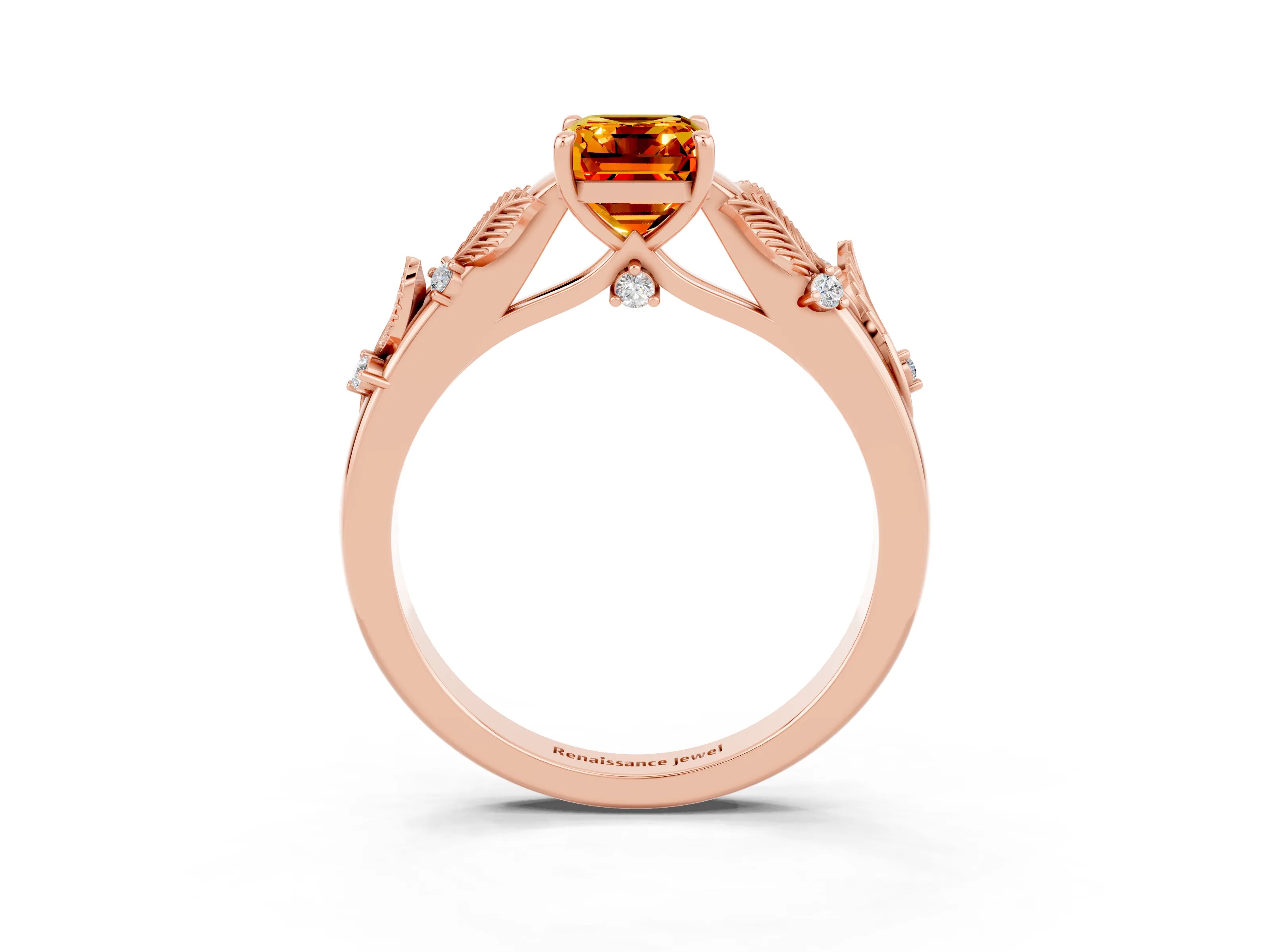 Rose gold Emerald Cut Citrine Solitaire Ring with Leaf Motif Band and Four-Prong Setting_3
