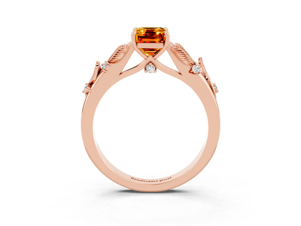 Rose gold Emerald Cut Citrine Solitaire Ring with Leaf Motif Band and Four-Prong Setting