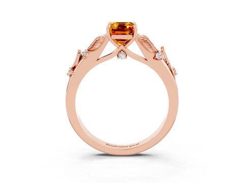Rose gold Emerald Cut Citrine Solitaire Ring with Leaf Motif Band and Four-Prong Setting_3
