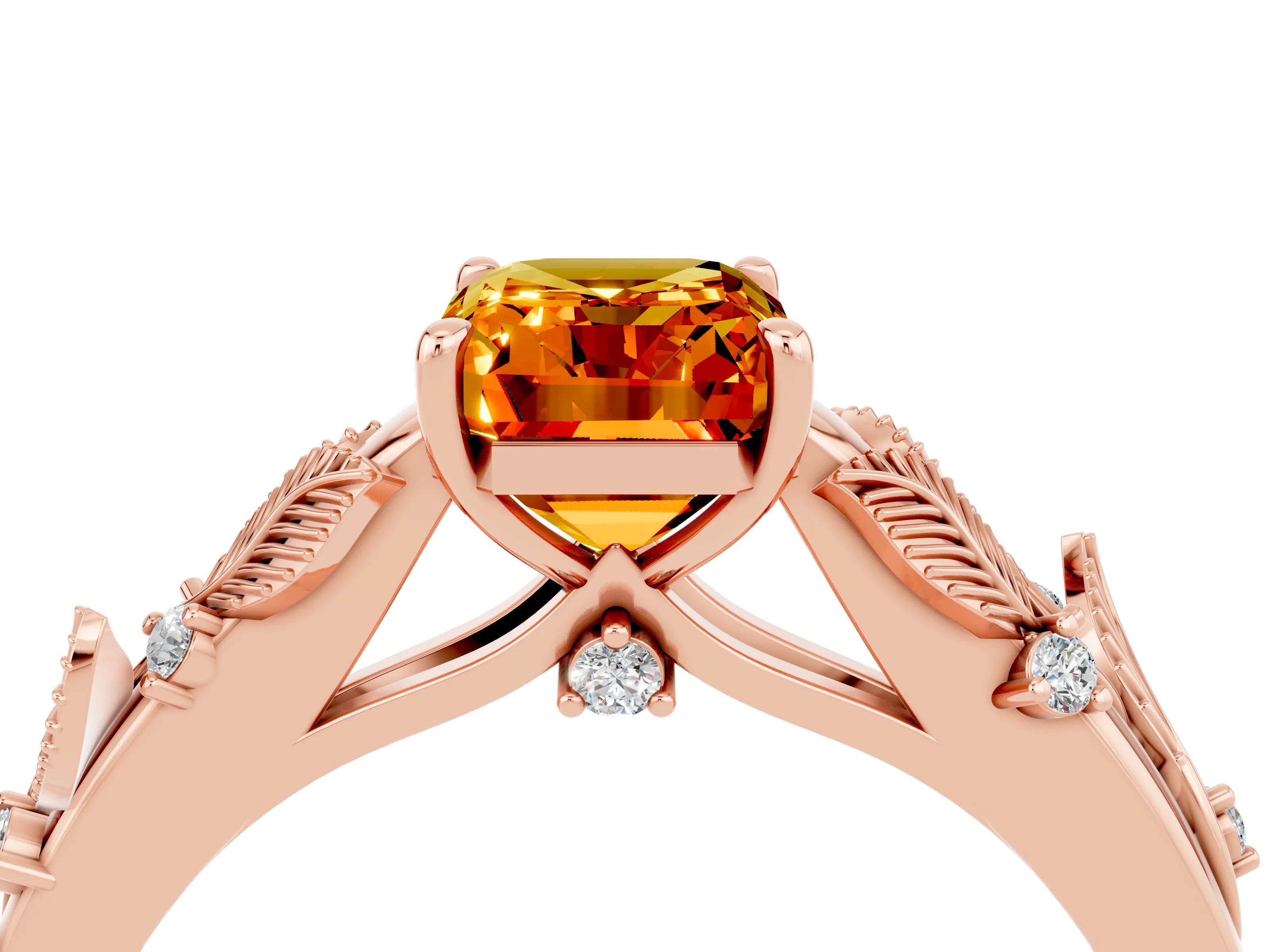 Rose gold Emerald Cut Citrine Solitaire Ring with Leaf Motif Band and Four-Prong Setting_4