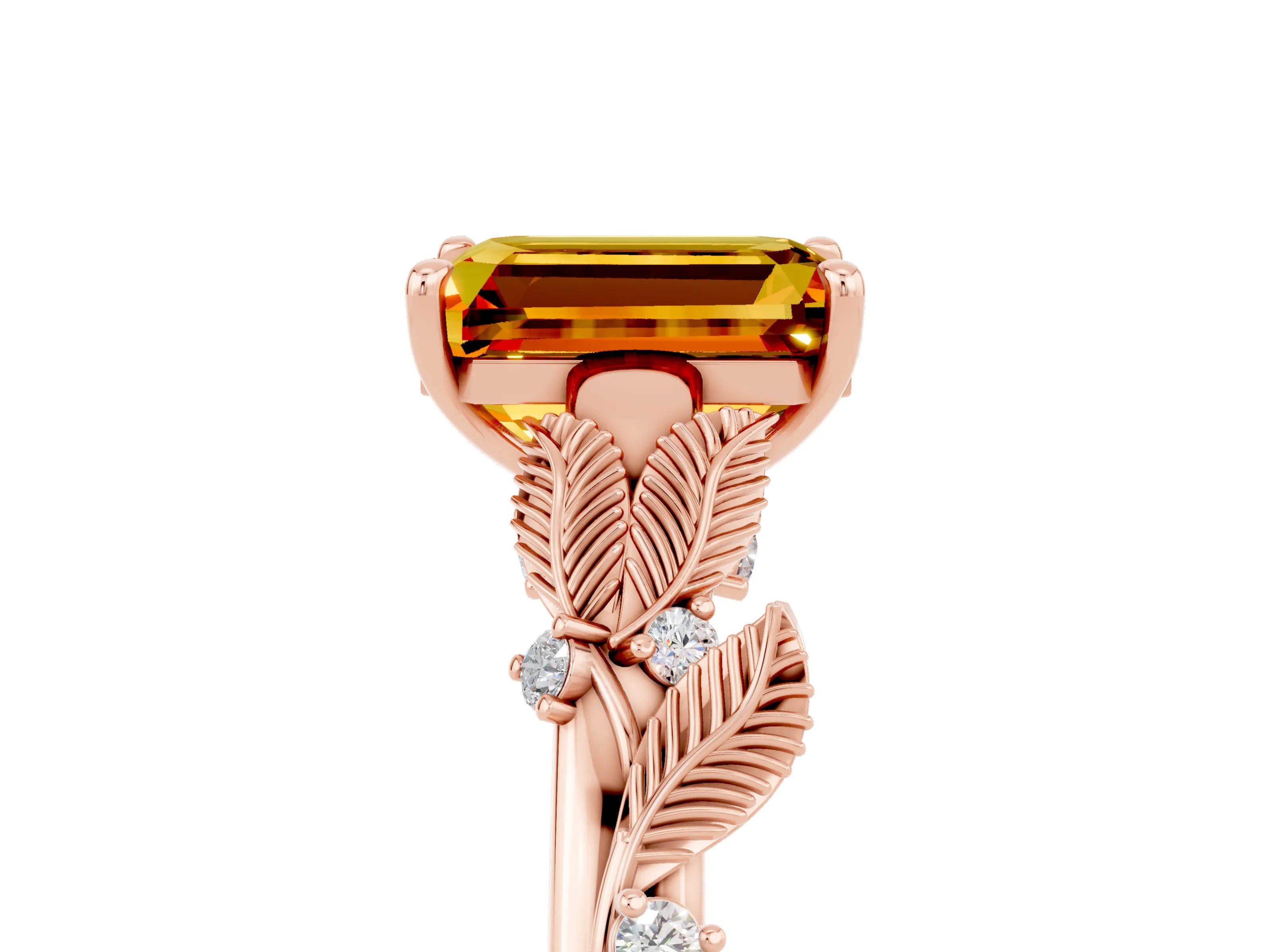 Rose gold Emerald Cut Citrine Solitaire Ring with Leaf Motif Band and Four-Prong Setting_5