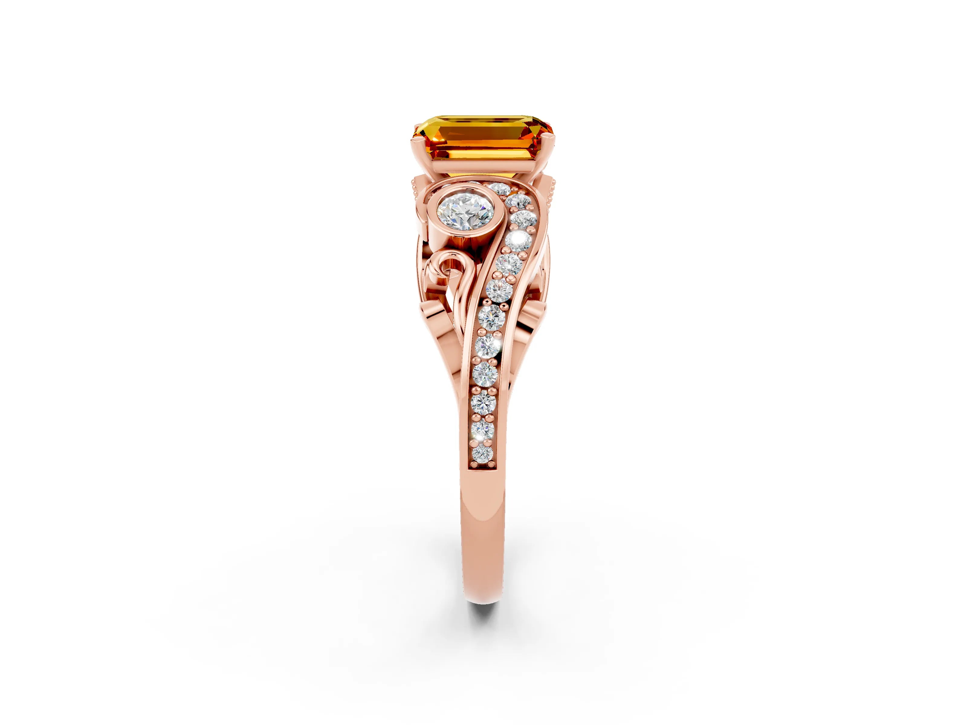 Rose gold Emerald Cut Citrine Solitaire Ring with Milgrain Pavé Band and Four-Prong Setting_26