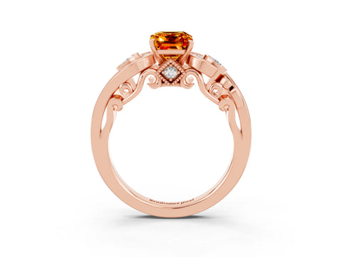Rose gold Emerald Cut Citrine Solitaire Ring with Milgrain Pavé Band and Four-Prong Setting_27