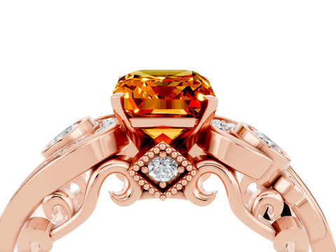 Rose gold Emerald Cut Citrine Solitaire Ring with Milgrain Pavé Band and Four-Prong Setting_28