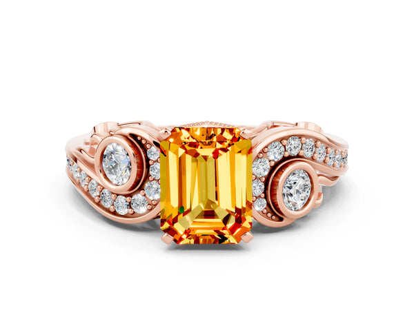 Rose gold Emerald Cut Citrine Solitaire Ring with Milgrain Pavé Band and Four-Prong Setting