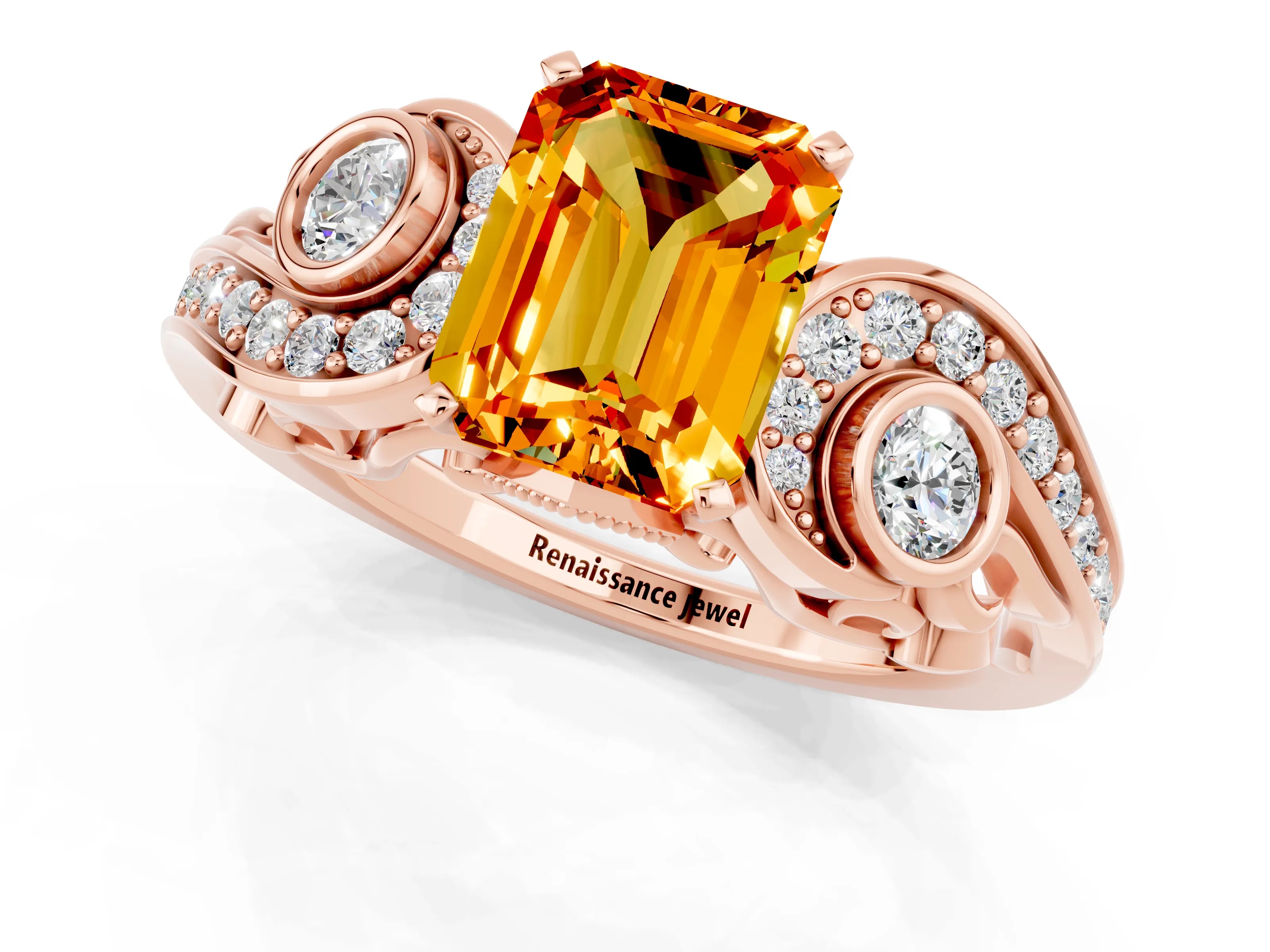 Rose gold Emerald Cut Citrine Solitaire Ring with Milgrain Pavé Band and Four-Prong Setting_32