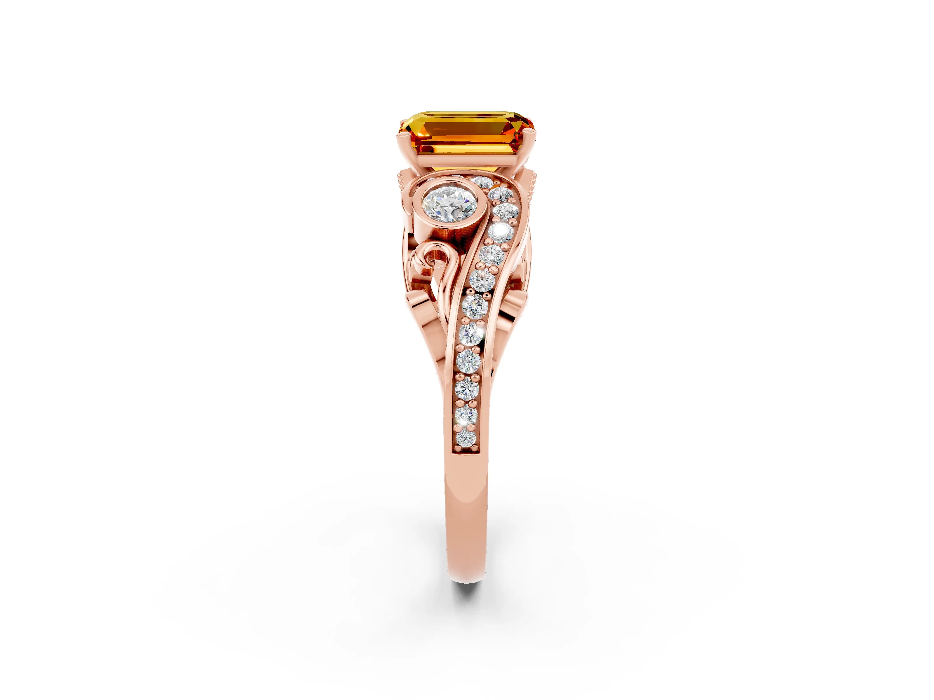 Rose gold Emerald Cut Citrine Solitaire Ring with Milgrain Pavé Band and Four-Prong Setting_33