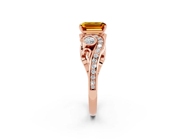 Rose gold Emerald Cut Citrine Solitaire Ring with Milgrain Pavé Band and Four-Prong Setting