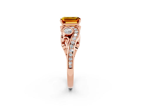 Rose gold Emerald Cut Citrine Solitaire Ring with Milgrain Pavé Band and Four-Prong Setting_33