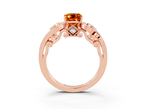 Rose gold Emerald Cut Citrine Solitaire Ring with Milgrain Pavé Band and Four-Prong Setting_34