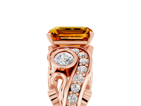 Rose gold Emerald Cut Citrine Solitaire Ring with Milgrain Pavé Band and Four-Prong Setting_36