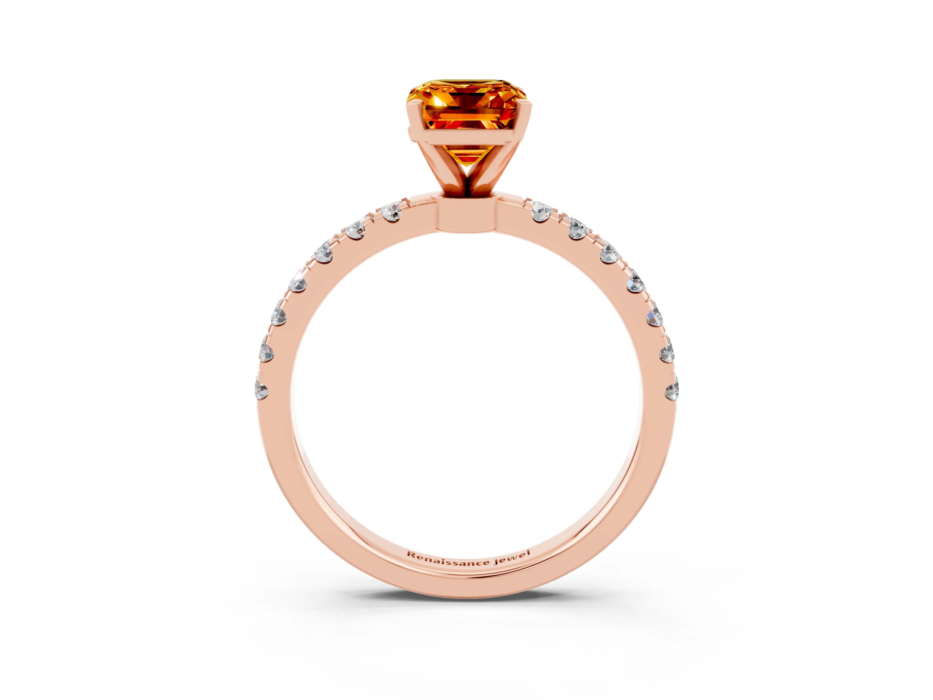 Rose gold Emerald Cut Citrine Solitaire Ring with Pavé Accents and Four-Prong Setting_3