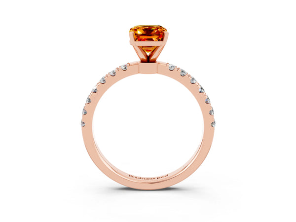 Rose gold Emerald Cut Citrine Solitaire Ring with Pavé Accents and Four-Prong Setting